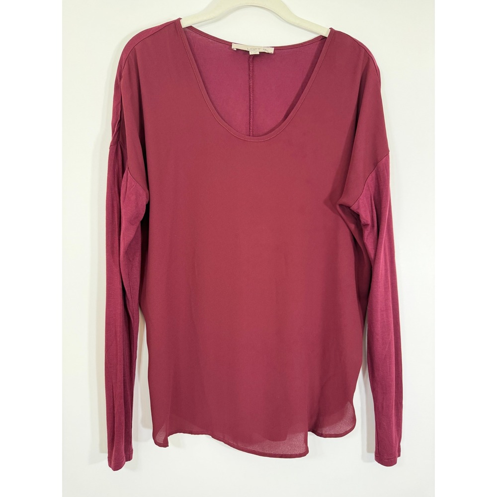 LOFT Burgundy Blouse Small S Mixed Media Woven Chiffon Knit Back V-Neck Maroon